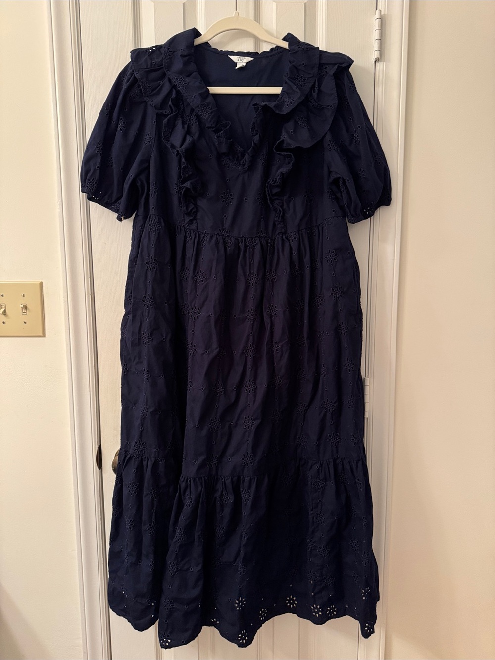 crown & ivy Navy Eyelet Ruffle Midi Dress